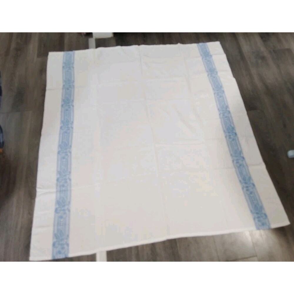 Vintage White Cotton Damask Tablecloth Flowers on Blue Stripe 53" X 59 Farmhouse